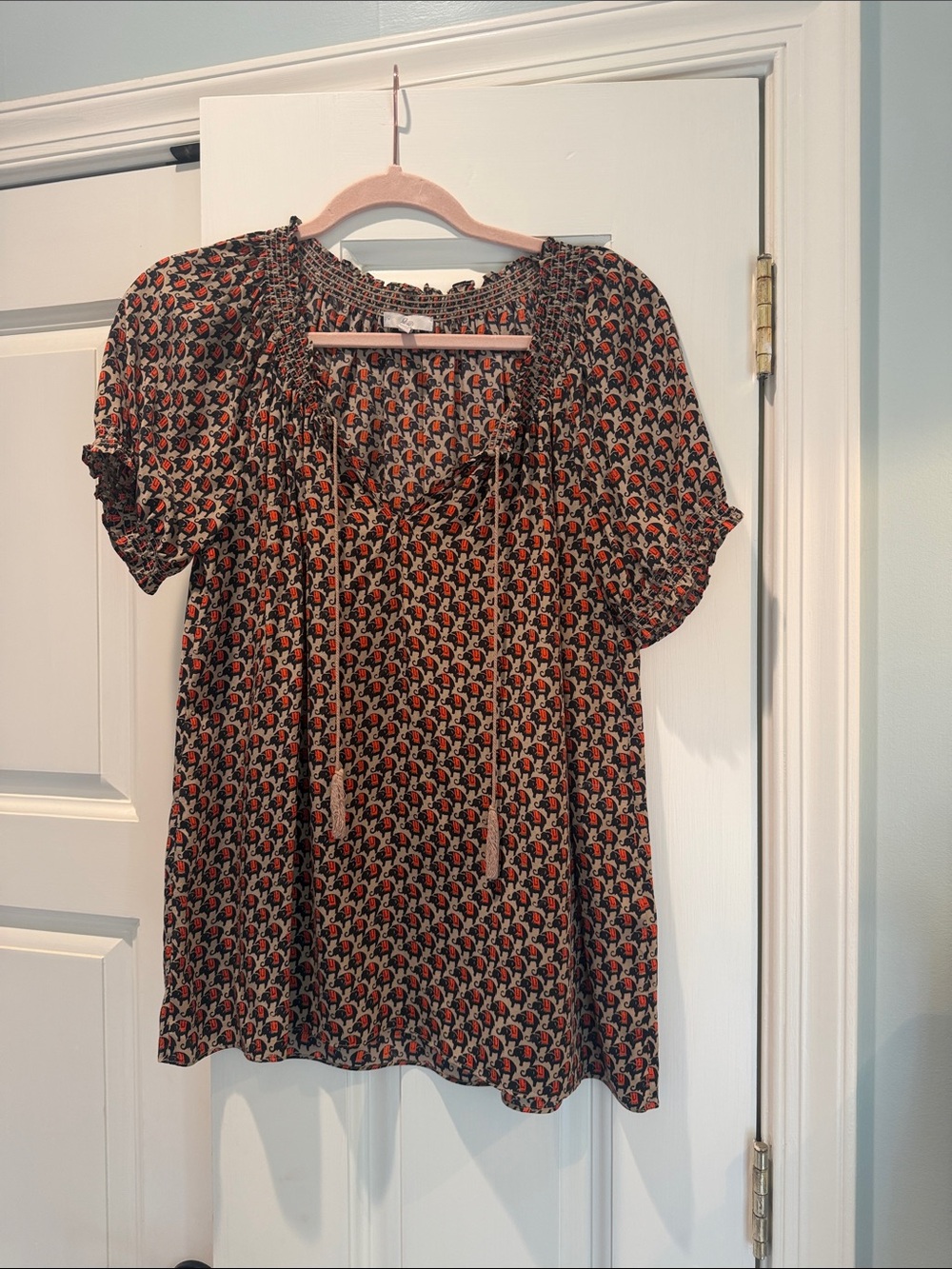 Joie Navy and Rust Elephant Patterned Peasant Blouse